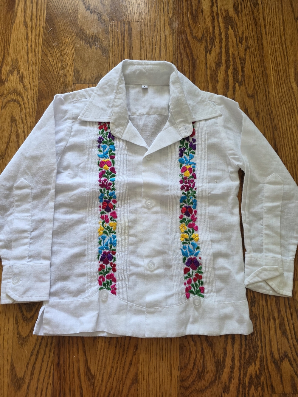 Embroidered White Guayabera Shirt with Multicolor Floral Trim